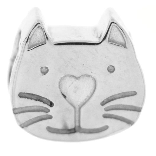 Silver cat face charm, CHARMS RUE DES MILLE MOD. XB-018, with etched features including whiskers and heart-shaped nose.