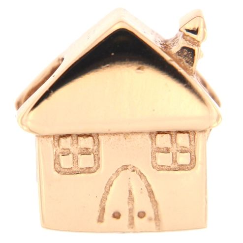 Gold house-shaped charm, CHARMS RUE DES MILLE MOD. XR-012, detailed with windows and door.