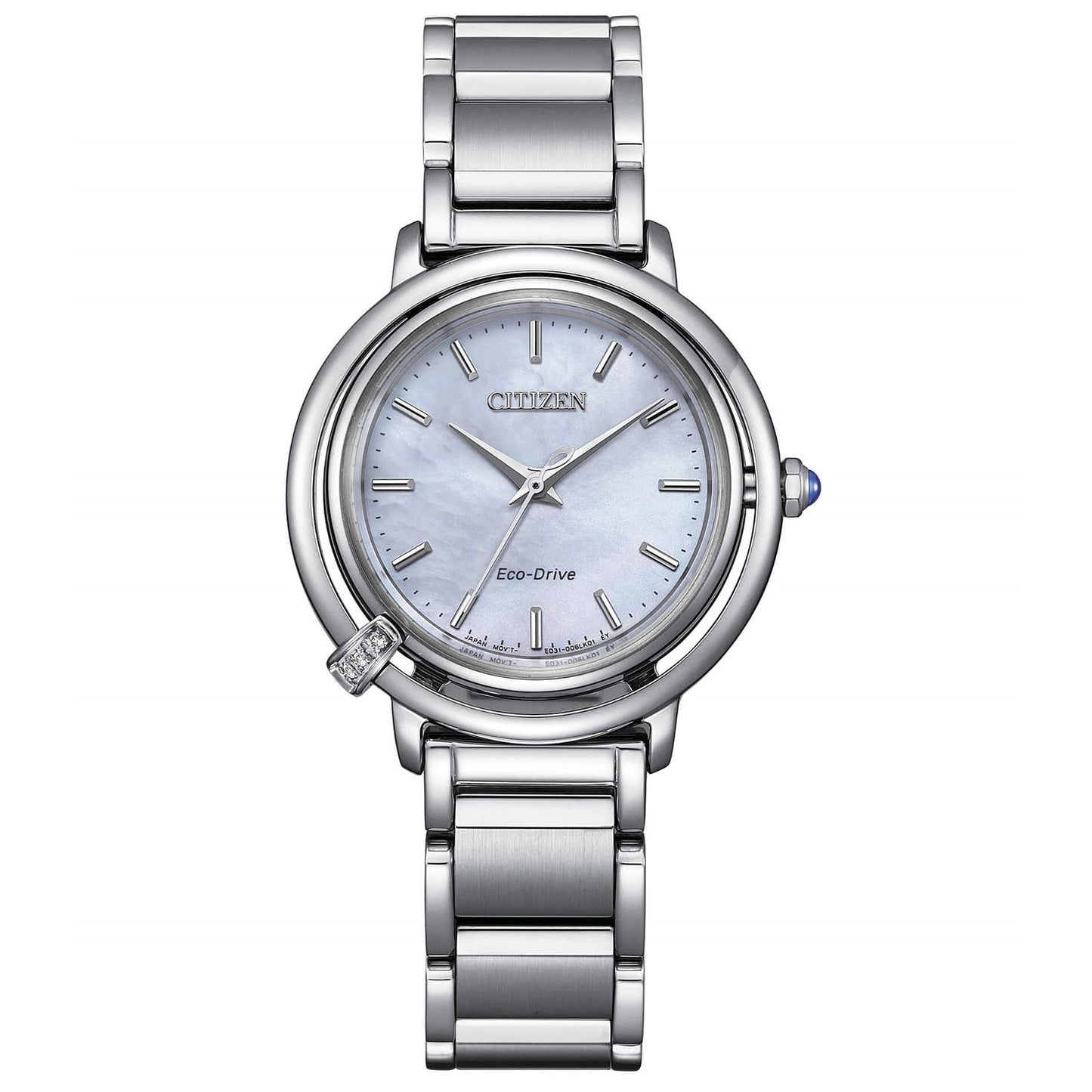 CITIZEN MOD. ARCLY watch with silver bracelet and blue dial displayed on a white background.