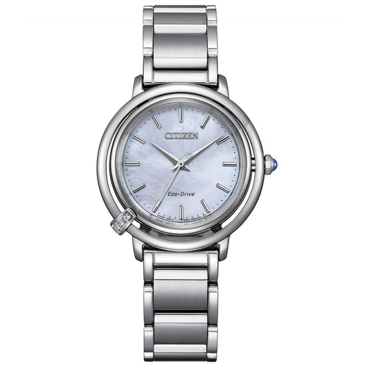 CITIZEN MOD. ARCLY watch with silver bracelet and blue dial displayed on a white background.
