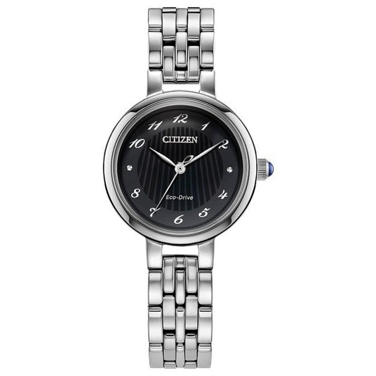 CITIZEN MOD. EM0990-81E elegant stainless steel Eco-Drive watch with black dial and silver bracelet