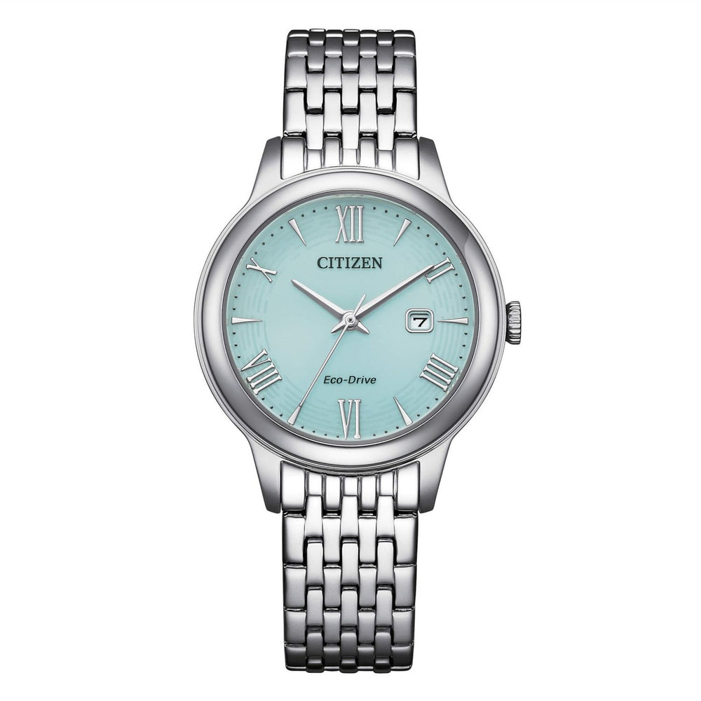 CITIZEN MOD. LADY silver watch with teal dial and date display, featuring elegant Roman numeral markers and stainless steel bracelet.