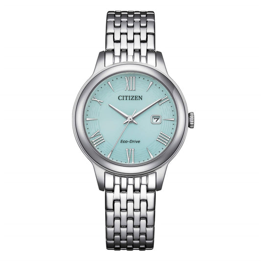 CITIZEN MOD. LADY silver watch with teal dial and date display, featuring elegant Roman numeral markers and stainless steel bracelet.
