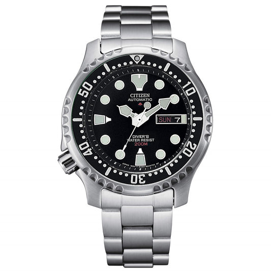 CITIZEN MOD. NY0040-50E stainless steel watch, with black dial, water-resistant up to 200m, and automatic movement.