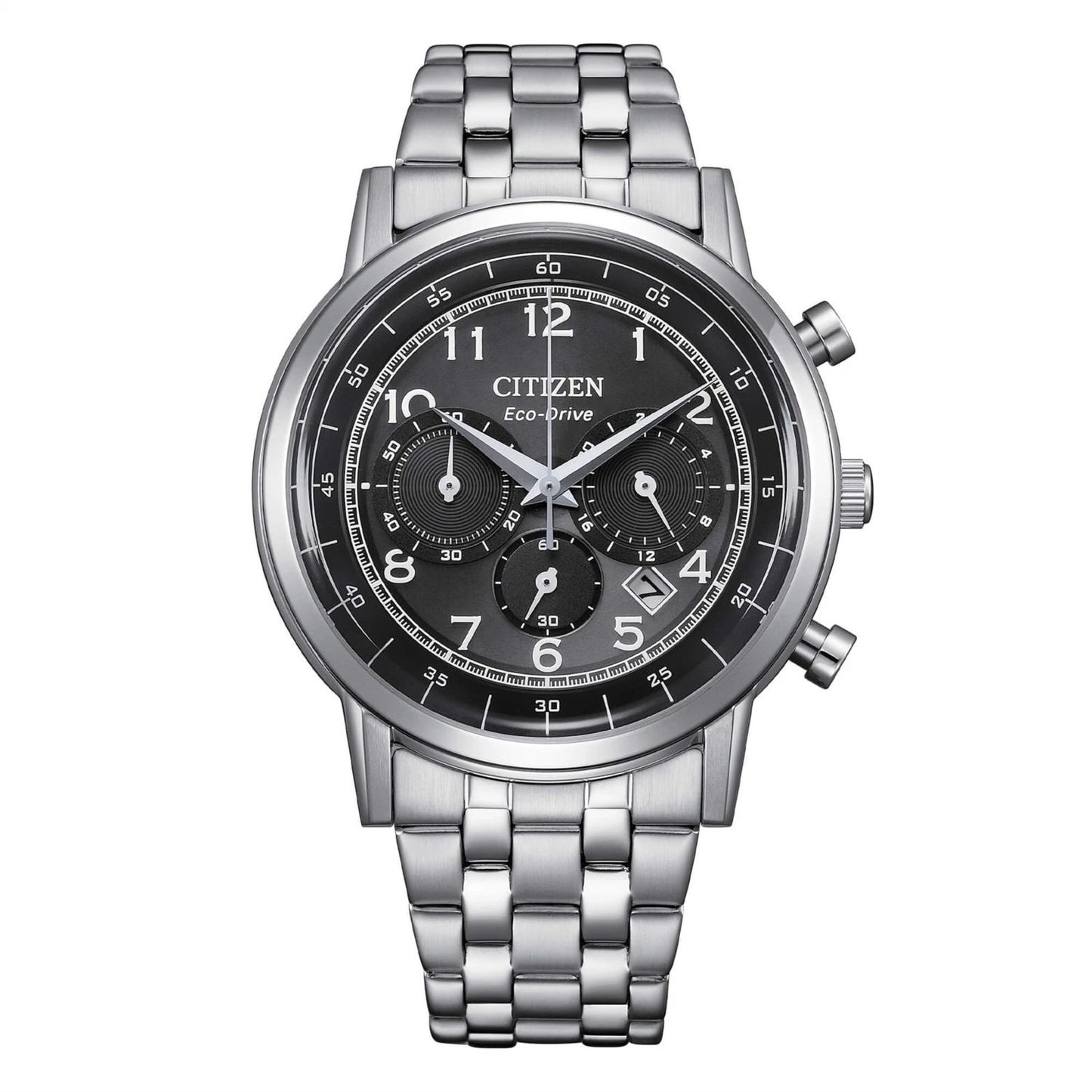 CITIZEN MOD. SPORT CRONO men's watch with stainless steel bracelet and black chronograph dial.