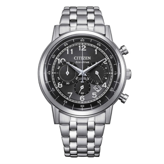 CITIZEN MOD. SPORT CRONO men's watch with stainless steel bracelet and black chronograph dial.