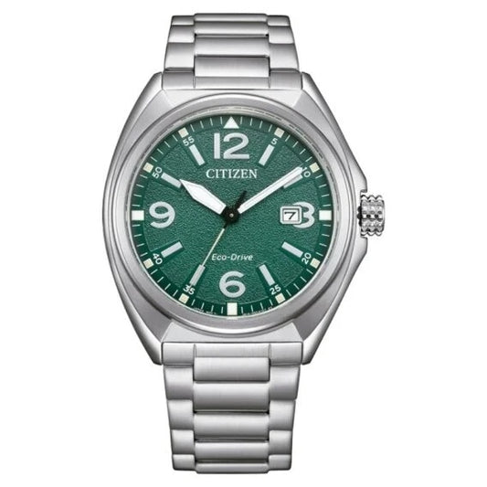 CITIZEN MOD. URBAN wristwatch with green dial and silver strap, featuring Eco-Drive technology.