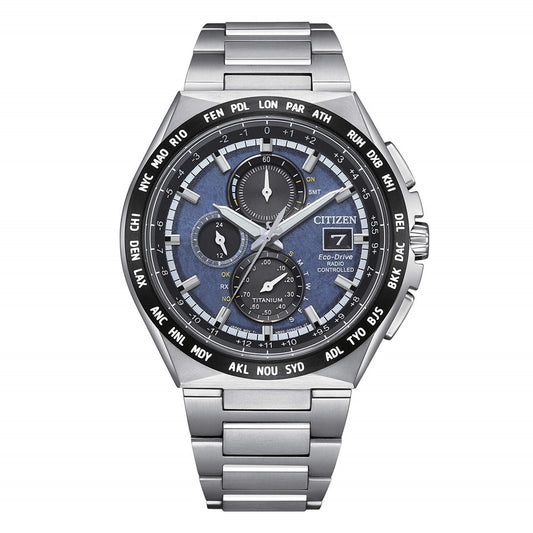 CITIZEN Mod. AT8 SUPERTITANIO watch with silver band and blue face featuring chronograph and date display