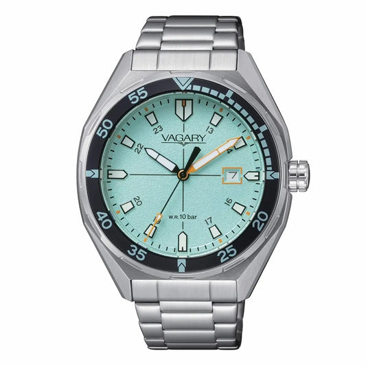 CITIZEN VAGARY MOD. IB9-417-73 elegant men's watch with silver bracelet and teal dial, featuring precise timekeeping and stylish design.
