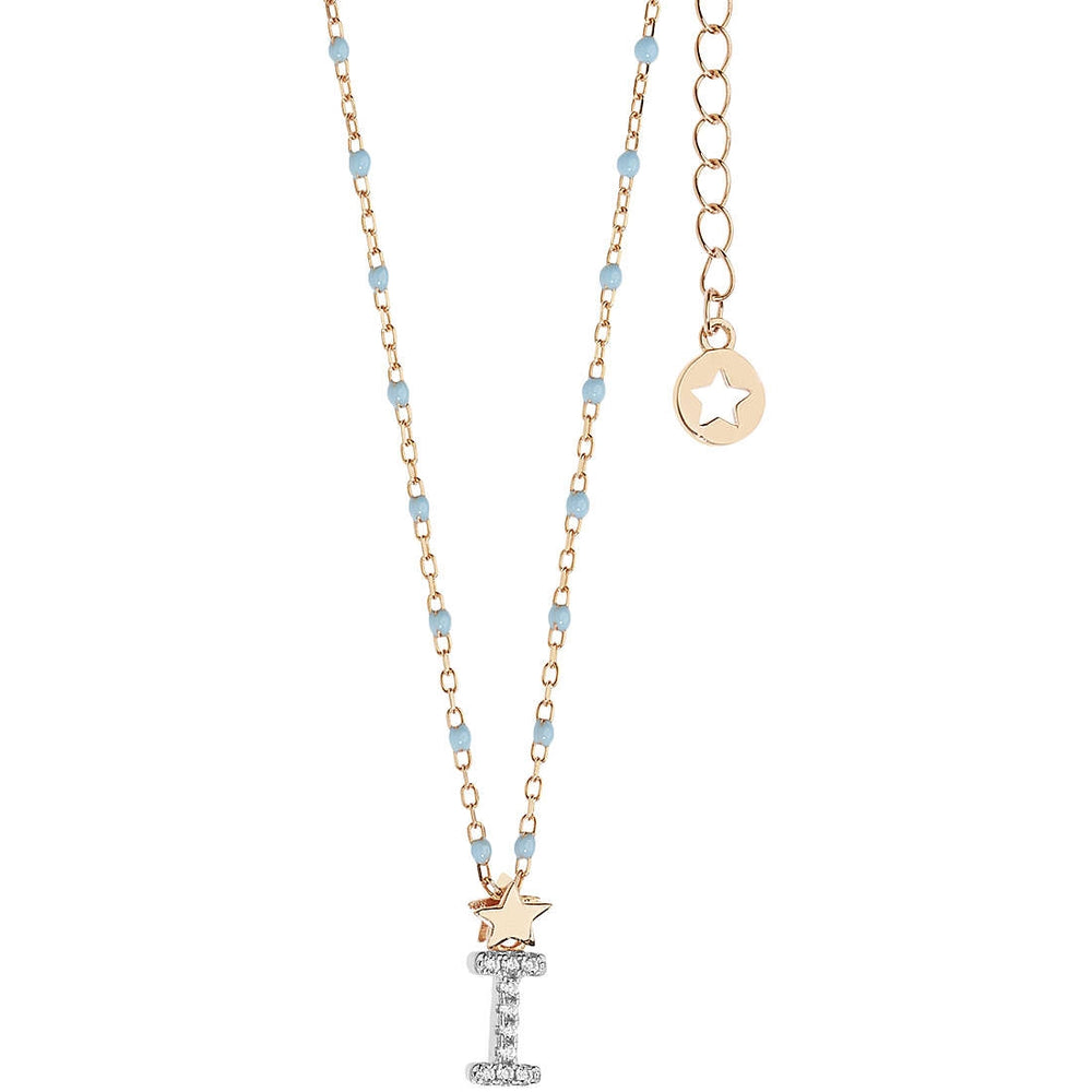COLLANE COMETE MOD. GLA181 necklace with gold chain, star charm, and letter pendant, featuring blue beads and extender chain.