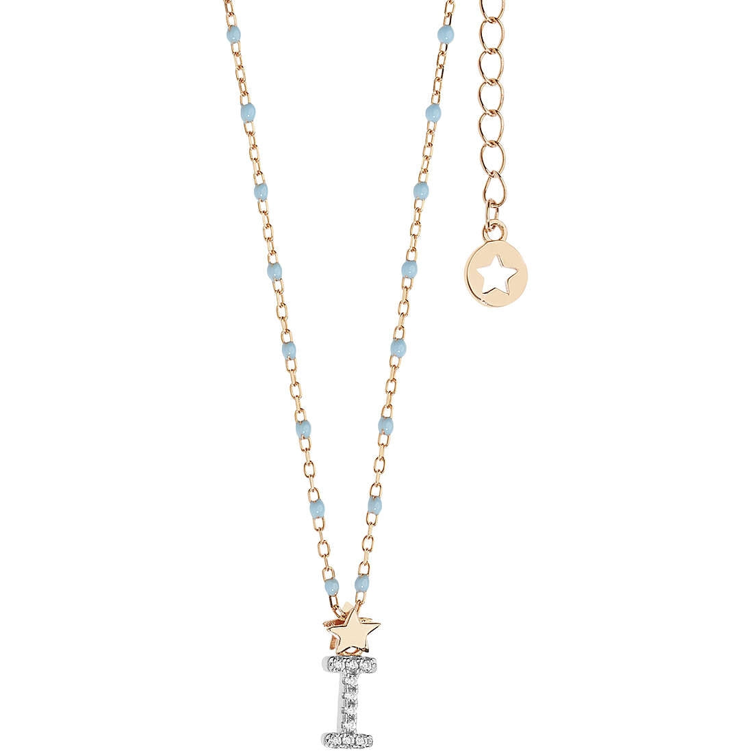 COLLANE COMETE MOD. GLA181 necklace with gold chain, star charm, and letter pendant, featuring blue beads and extender chain.