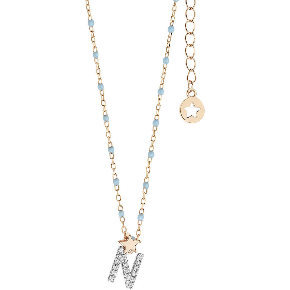 COLLANE COMETE MOD. GLA186 gold necklace with initial pendant and star charm, featuring a delicate chain with light blue accents.
