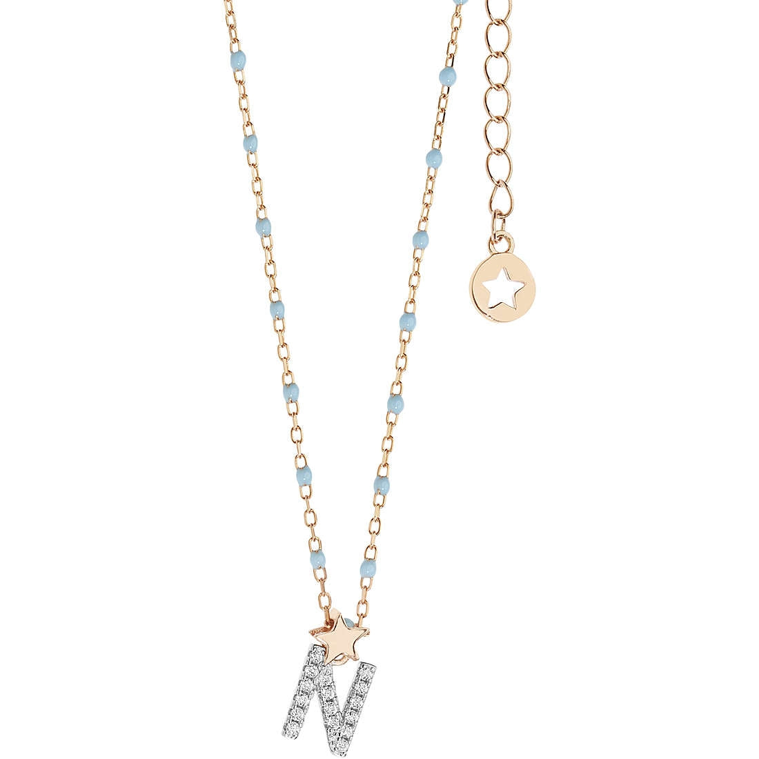COLLANE COMETE MOD. GLA186 gold necklace with initial pendant and star charm, featuring a delicate chain with light blue accents.