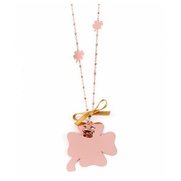 COLLANE RUE DES MILLE MOD. CL-004-M pink necklace with clover pendant and gold bow accent