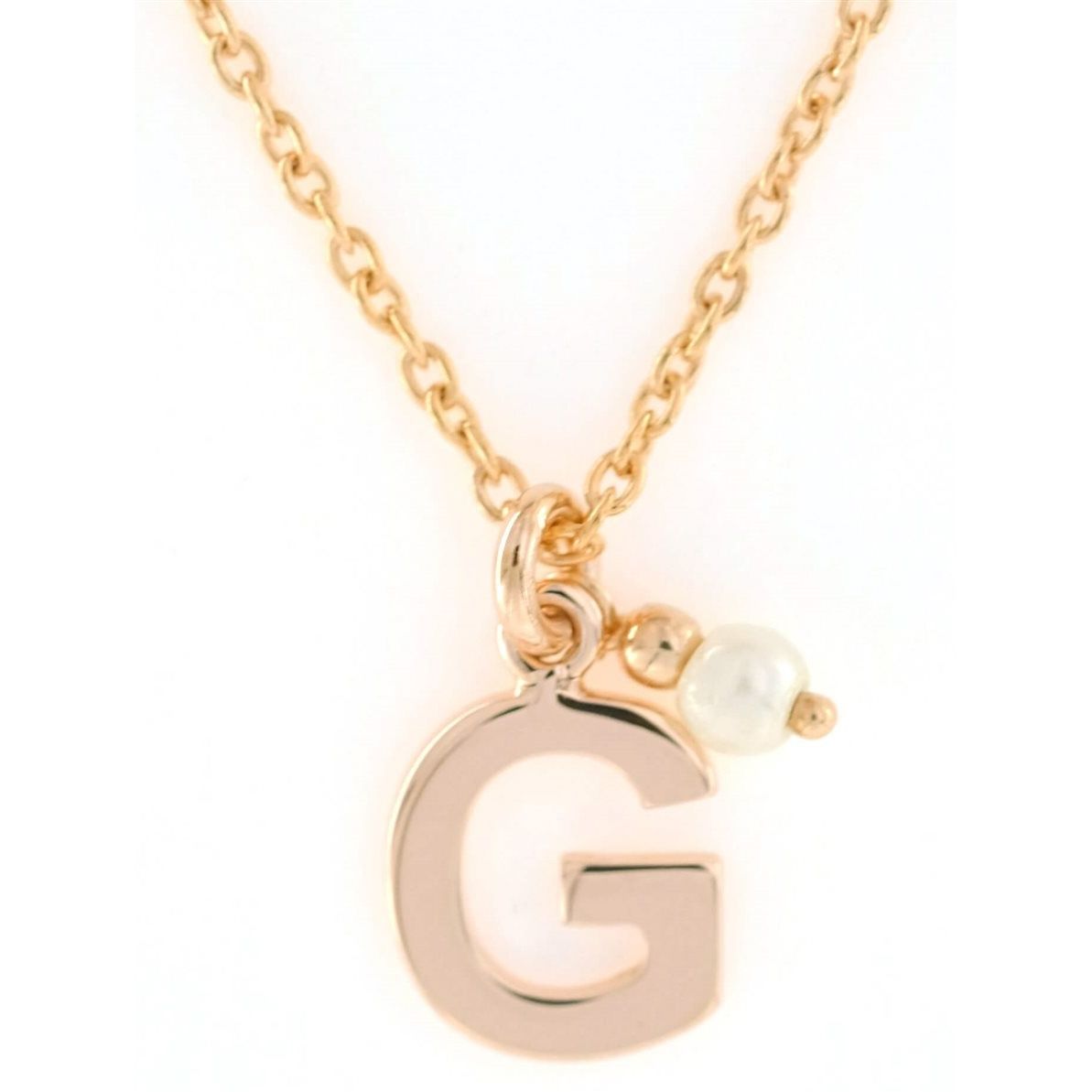 COLLANE RUE DES MILLE MOD. GR-LETPE G gold necklace with letter G pendant and pearl detail.