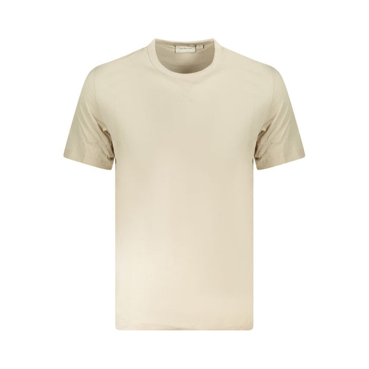 Calvin Klein Beige Cotton Men T-Shirt with iconic logo, eco-friendly short-sleeve design, 95% regenerative cotton, stylish crew neck.