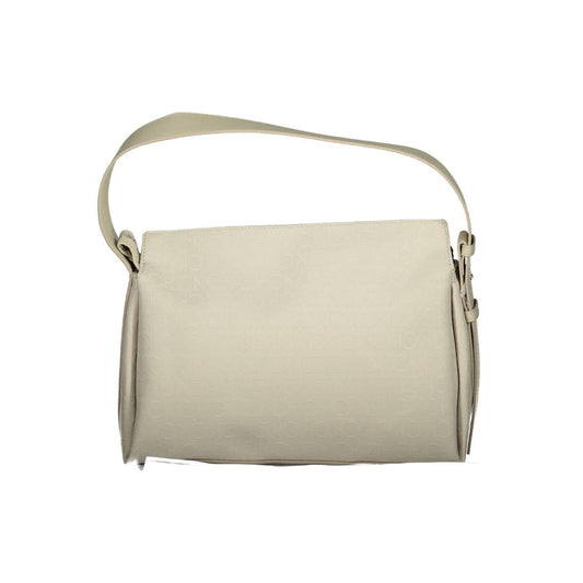 Calvin Klein Beige Polyester Handbag with two handles, adjustable shoulder strap, external pocket, and logo detailing.