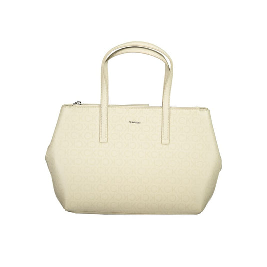 Calvin Klein Beige Polyester Handbag with two handles, adjustable strap, external pocket, and zip closure.