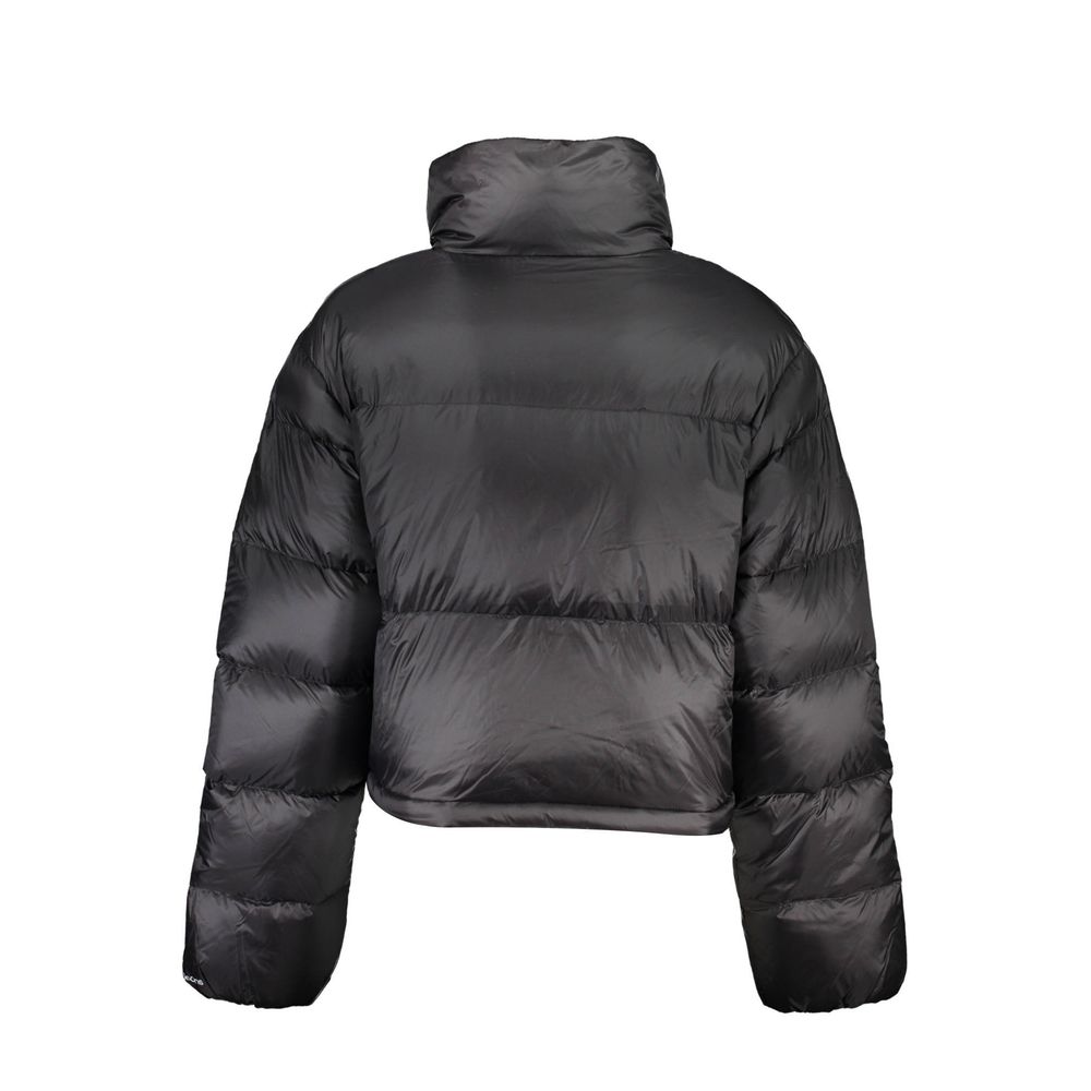 Calvin Klein Black Polyamide Jackets & Coat, short puffer jacket with long sleeves, zipper closure, recycled material, back view.