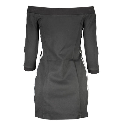 Calvin Klein Black Polyester Dress with off-shoulder neckline, 3/4 sleeves, contrasting details, and logo.