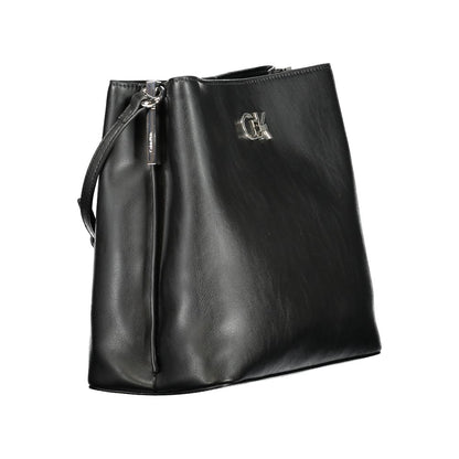 Calvin Klein Black Polyester Handbag with adjustable shoulder strap, logo, twist and magnet closure, and 50% recycled material.