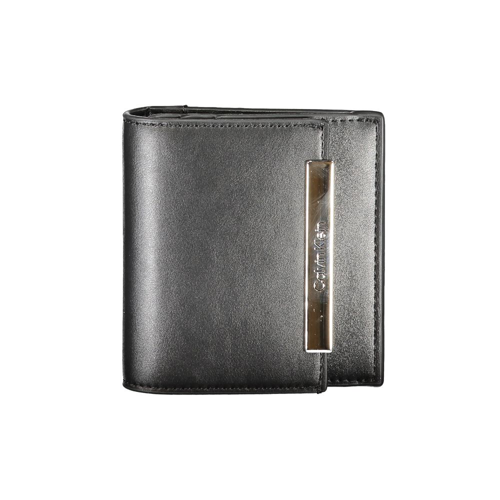 Calvin Klein Black Polyester Wallet with RFID block, card spaces, external pocket, and zip closure, featuring logo.