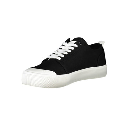 Calvin Klein Black Recycled Material Men Sneaker in bold black with white accents, made from 50% recycled materials for a stylish, sustainable look.