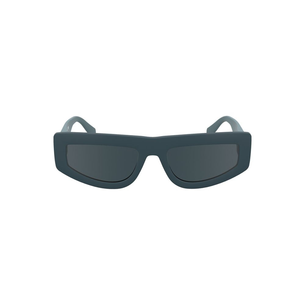 Rectangular blue sunglasses with dark lenses on white background