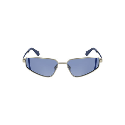 Calvin Klein Gray Metal Women Sunglasses with blue lenses and sleek rectangular design, showcasing modern elegance and comfort.