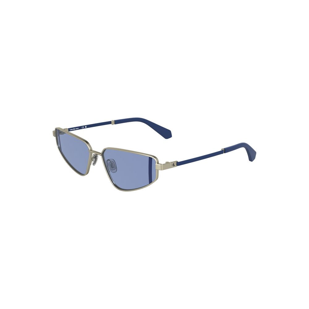 Calvin Klein Gray Metal Women Sunglasses with blue lenses, sleek rectangular design, 57 mm lens, 15 mm bridge, 140 mm temples.