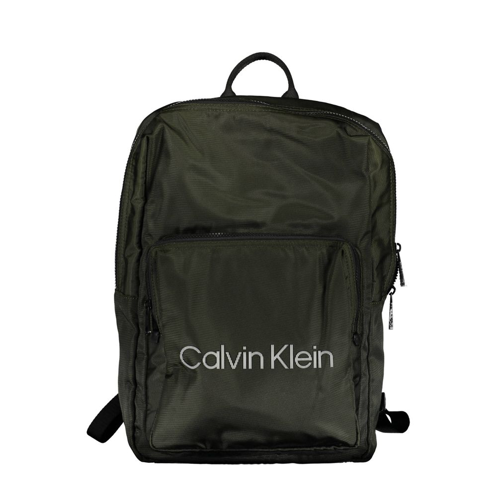 Calvin Klein Green Polyester Men Backpack with logo, external pocket, and internal laptop space for urban style and functionality.