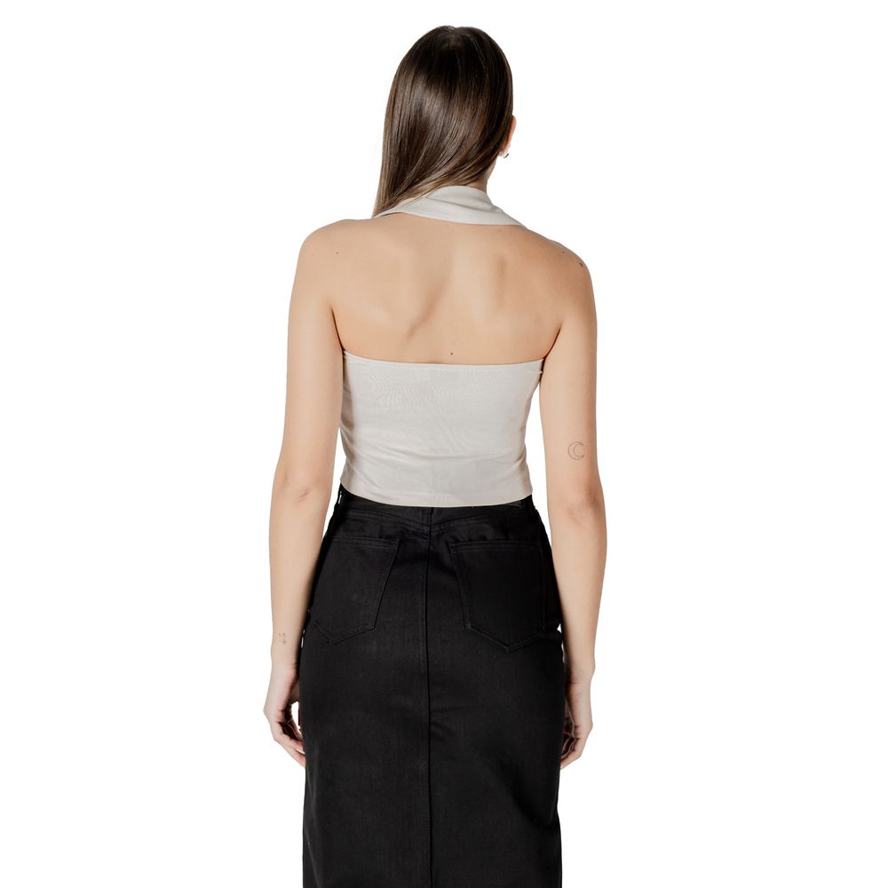 Calvin Klein Jeans Beige Cotton Top with halterneck polo collar, back view showcasing modern casual style and high-quality material.