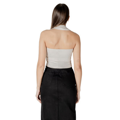 Calvin Klein Jeans Beige Cotton Top with halterneck polo collar, back view showcasing modern casual style and high-quality material.