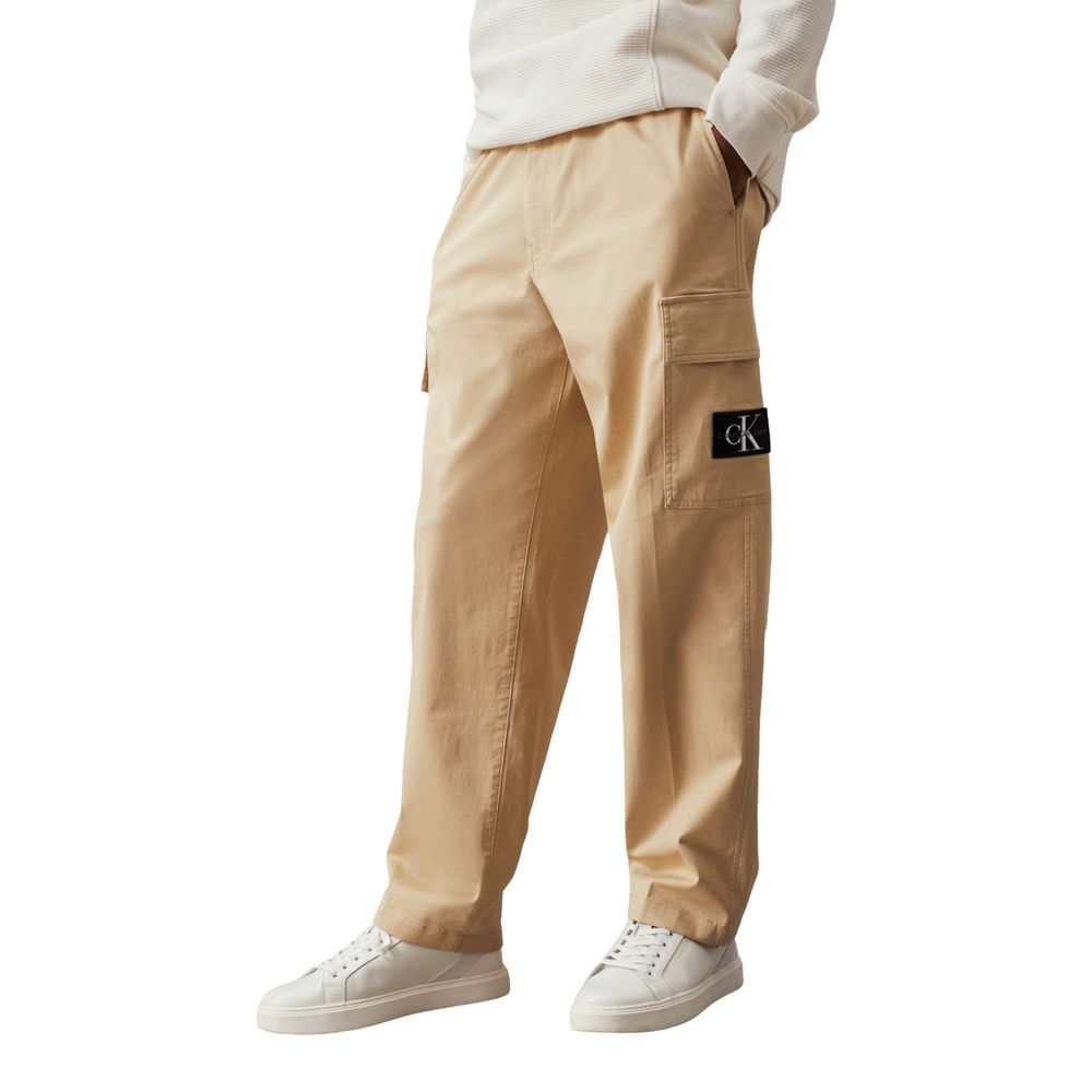 Calvin Klein Jeans Beige Recycled Cotton Cargo Pants with straight silhouette and side pockets for men