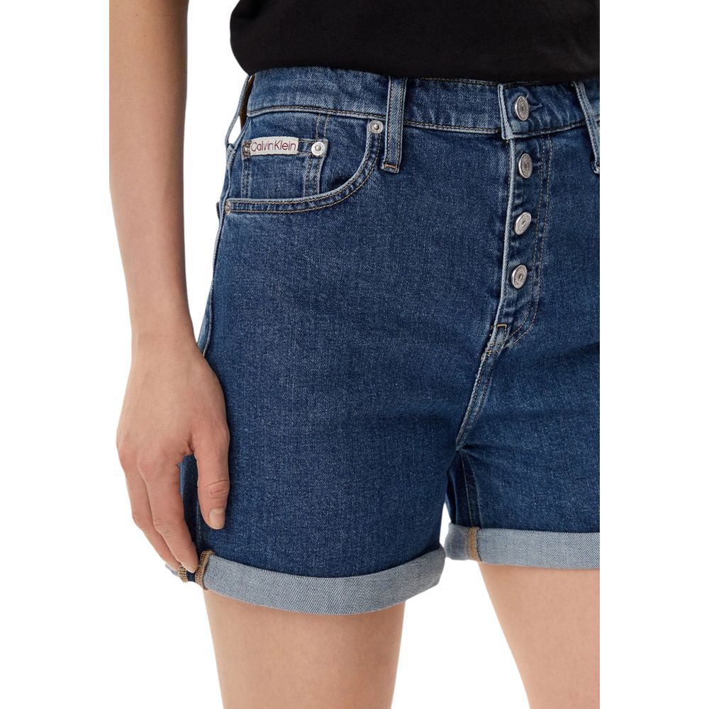 Calvin Klein Jeans Blue Cotton Shorts for women, high-waisted with button closure and rolled cuffs, perfect for summer fashion.