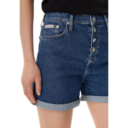 Calvin Klein Jeans Blue Cotton Shorts for women, high-waisted with button closure and rolled cuffs, perfect for summer fashion.