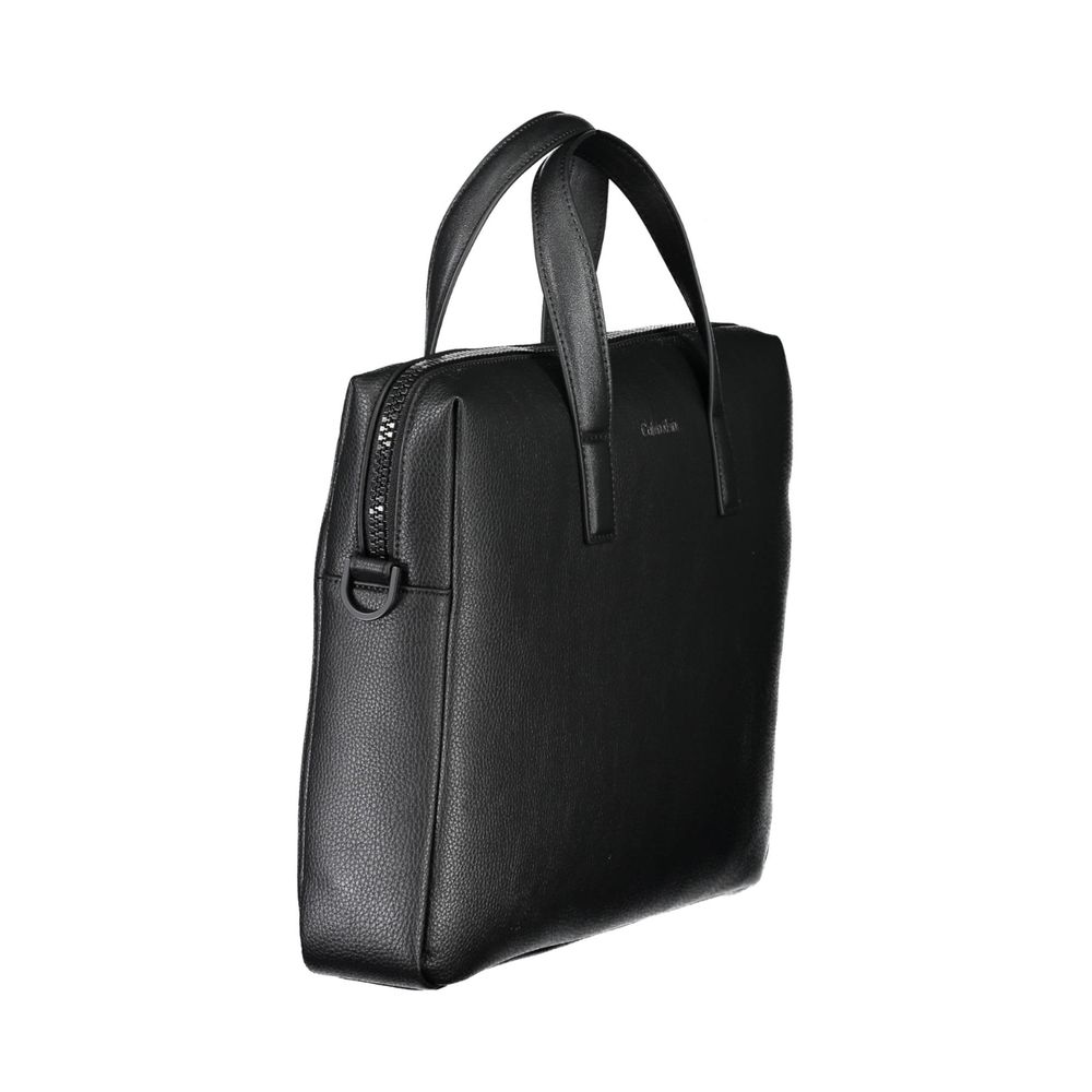 Calvin Klein Nero Polyester Men's Briefcase with handles and shoulder strap, rear view.