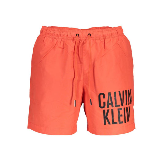 Calvin Klein Red Polyester Swimwear, medium swim boxer with elastic waist, printed logo, and pockets, made from 100% recycled material.