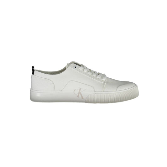 Calvin Klein White Cotton Men Sneaker made with 50% recycled materials, features iconic logo and crisp white design.