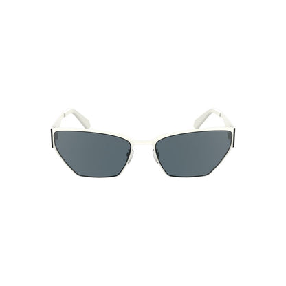 Calvin Klein White Metal Women Sunglass with sleek cat-eye design and smoke lenses on white background.