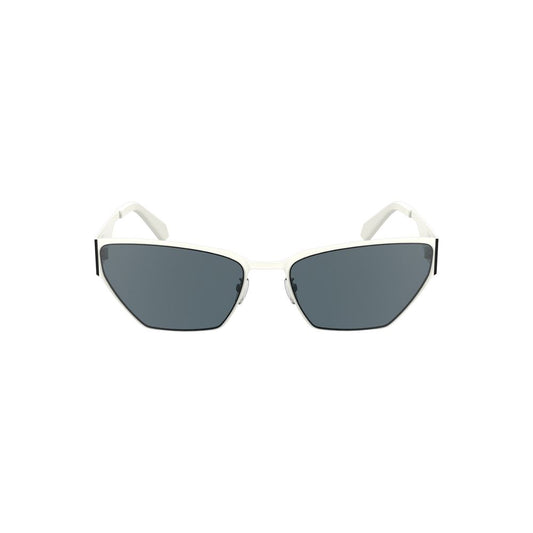 Calvin Klein White Metal Women Sunglass with sleek cat-eye design and smoke lenses.