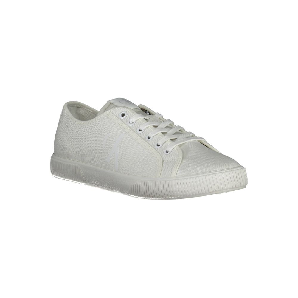 Calvin Klein White Polyester Men Sneaker with contrasting details and bold logo, made with 50% recycled materials for sustainable style.
