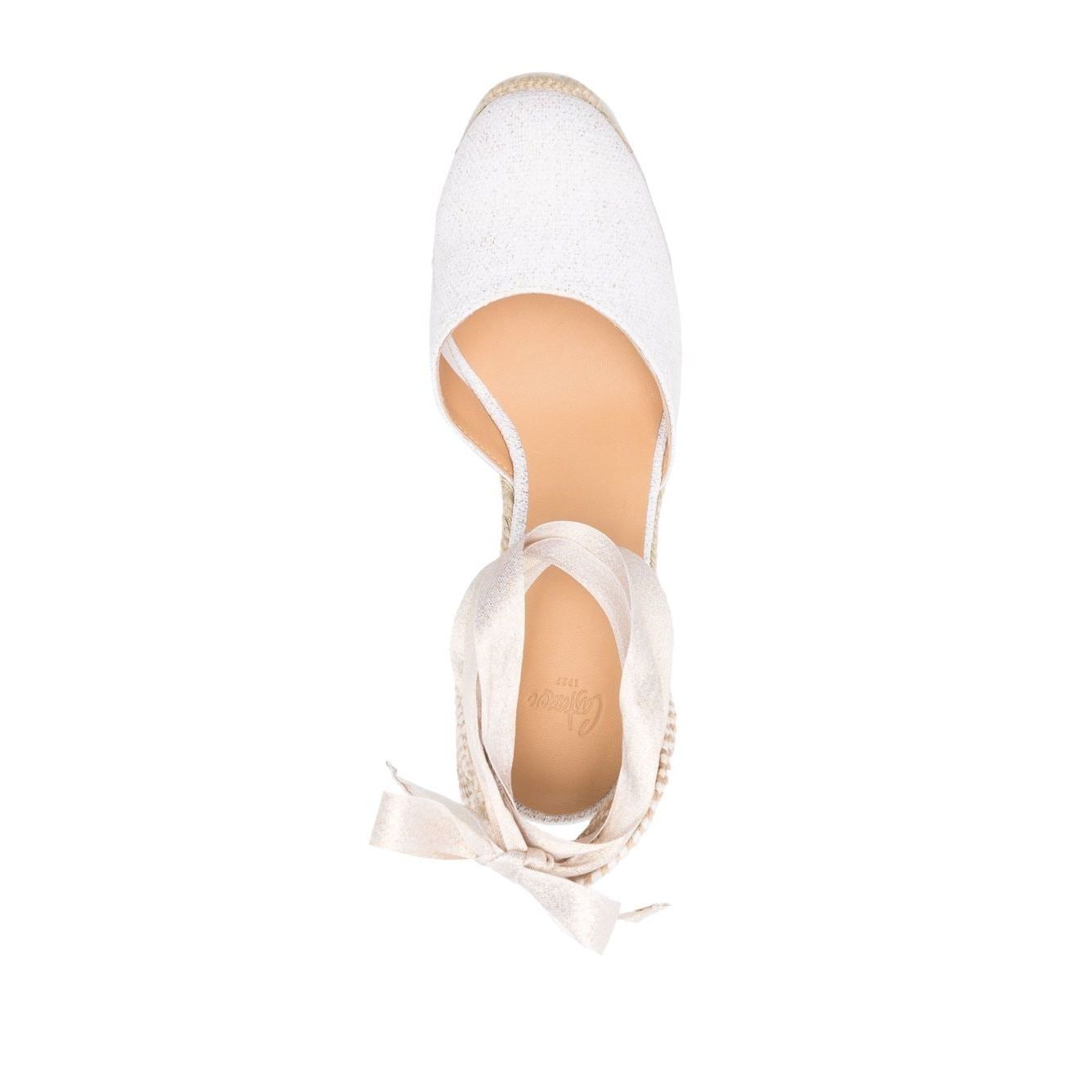 Castañer Castaner Flat shoes White, top view of off-white platform espadrille with almond toe and tie-detail, featuring braided raffia.