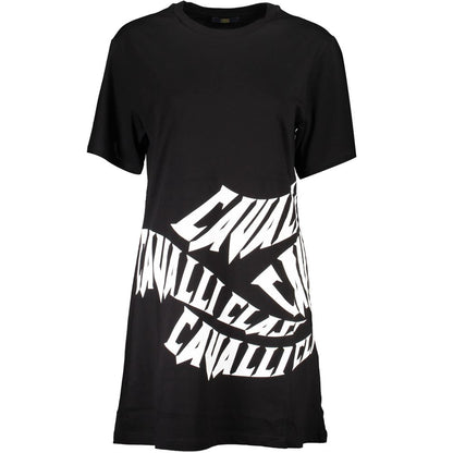 Cavalli Class Black Cotton Dress with round neck, short sleeves, and printed logo design.