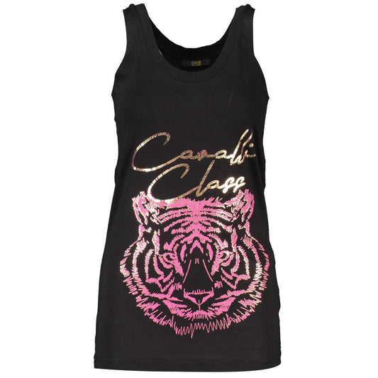 Cavalli Class Black Cotton Tank Top with wide shoulders, round neck, and logo print featuring pink and gold tiger design.