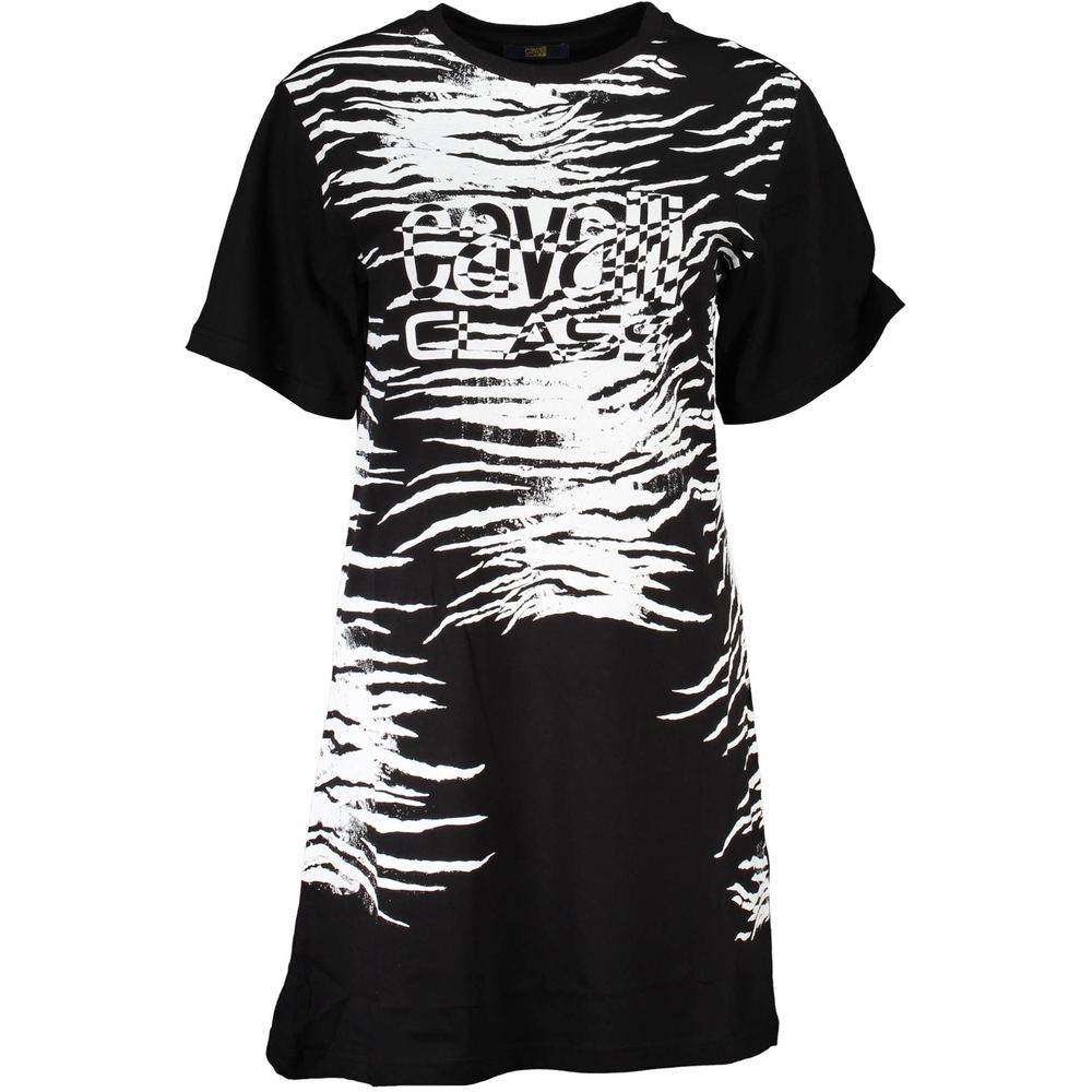 Cavalli Class Black Cotton Women Dress with bold print and iconic logo, short sleeve, chic fashion-forward design.
