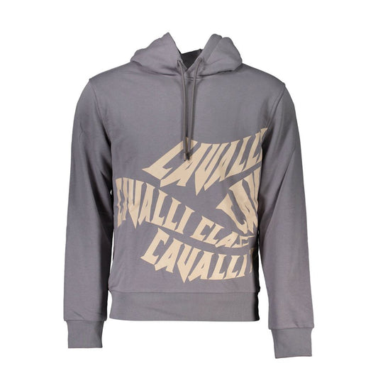 Cavalli Class Gray Cotton Sweater, long-sleeved hooded sweatshirt with logo print, regular fit, perfect blend of style and comfort.