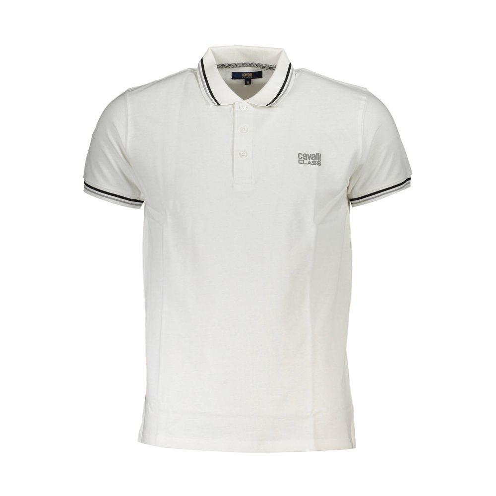 Cavalli Class White Cotton Men Polo Shirt with bold print and iconic logo, crafted from premium cotton, exuding sophistication and elegance.