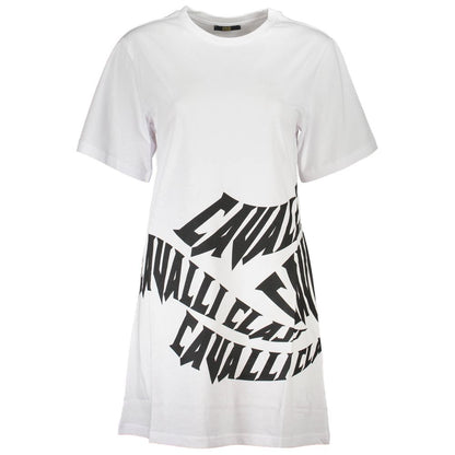 Cavalli Class White Cotton Women Dress featuring a bold logo print, round neck, and short sleeves. Stylish contemporary fashion choice.