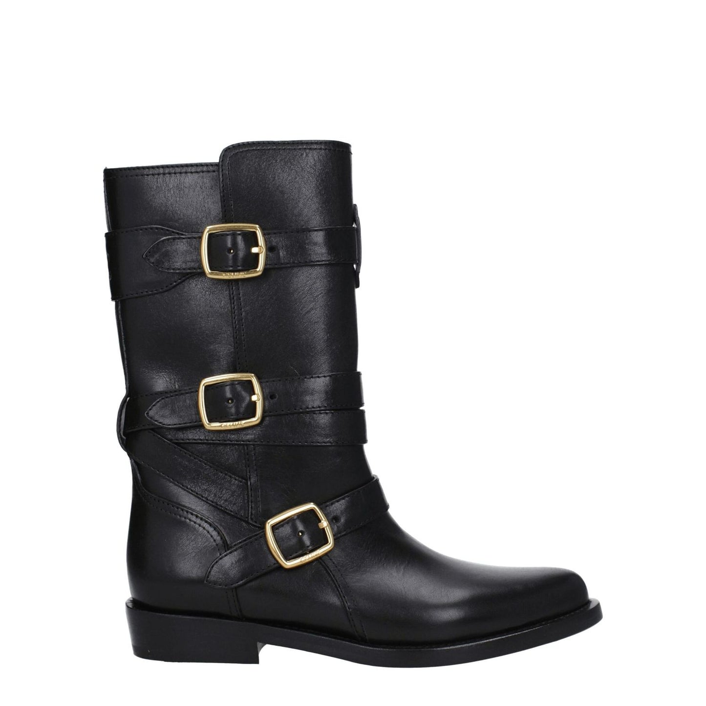 Celine Black Leather Flat Boots with gold buckles, pointy toe, and low heel, featuring aged and vintage effects, casual style.